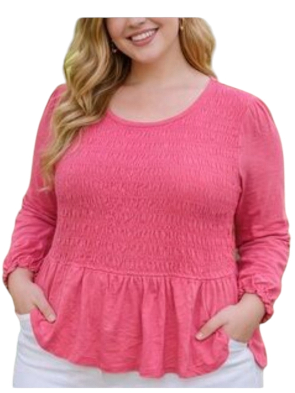 New Lane Bryant Pink Smocked Peplum Long-Sleeve Top Size 2X 18/20